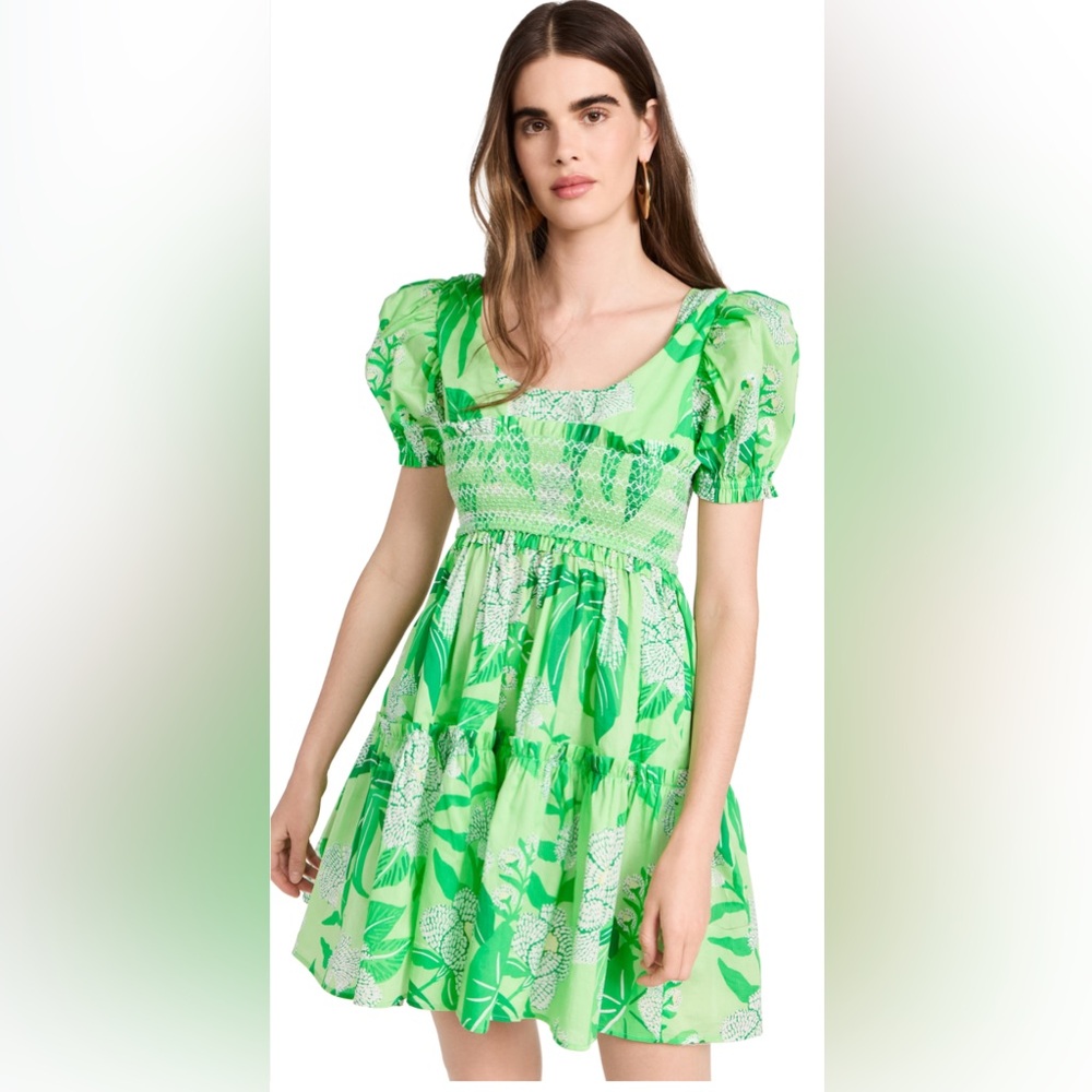 Green Floral Smocked Puff-Sleeve Mini Dress - Unbranded